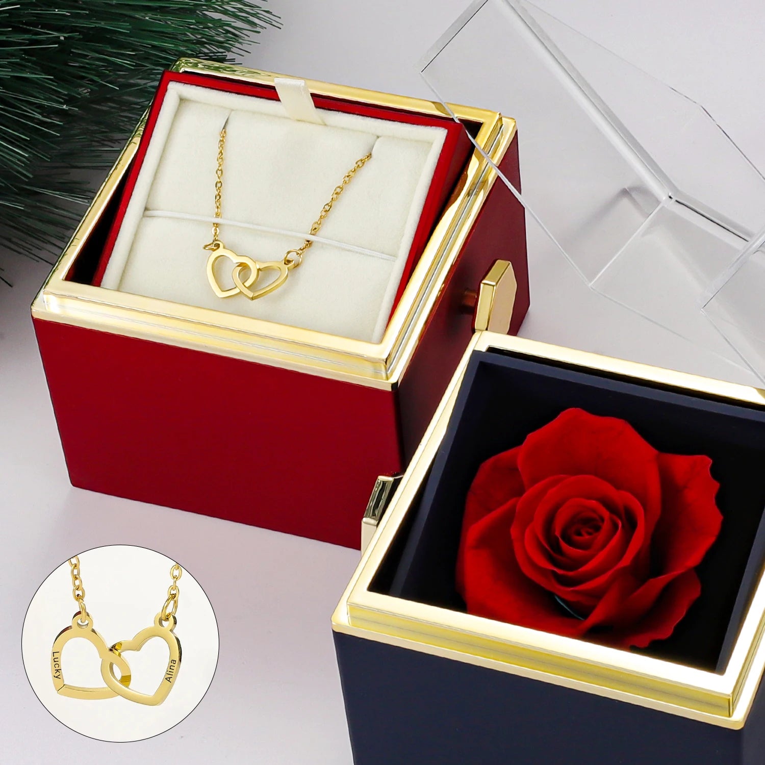 Coffret à bijoux avec rose et collier