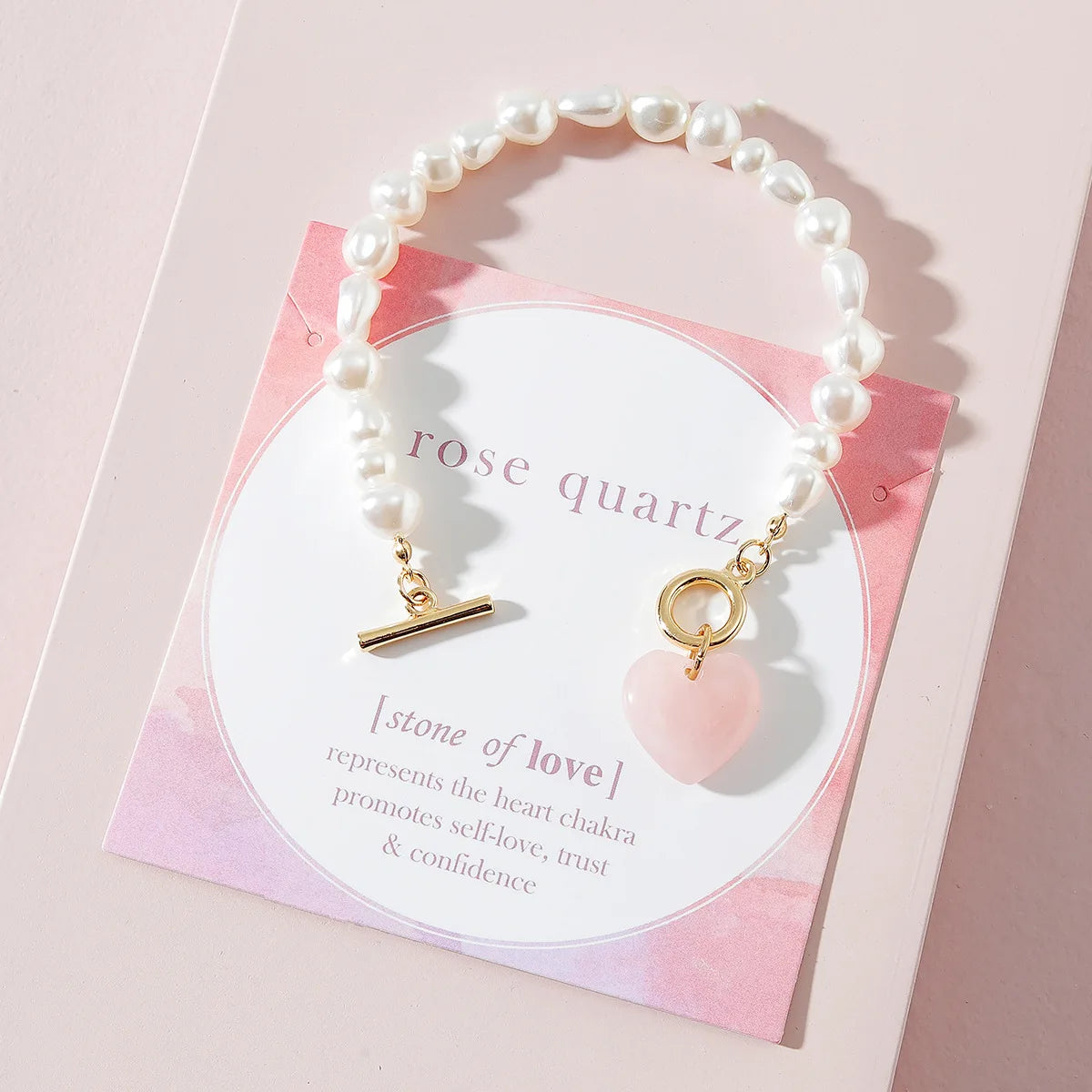 Bracelet coeur en perles de quartz rose